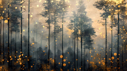 Enchanted Forest in Golden Twilight - obrazy, fototapety, plakaty