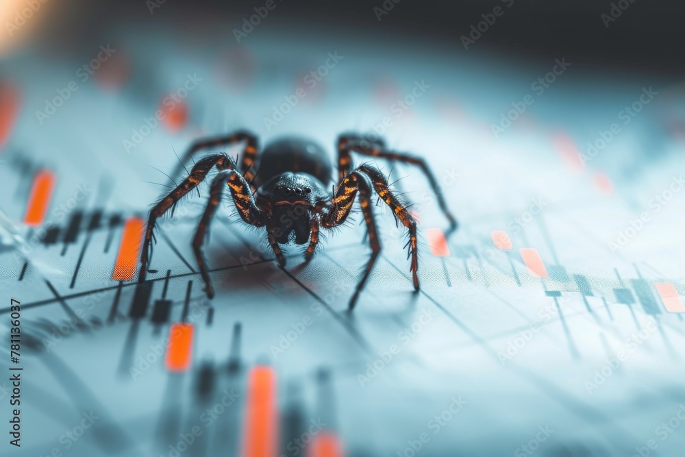 Poster a detailed view of a spider crawling on a computer board, exploring its intricate pathways, a spider
