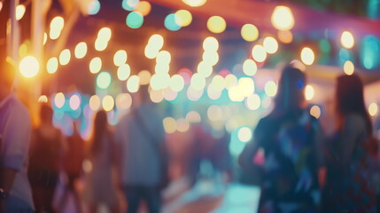 Blurred people at festival party with bokeh lights