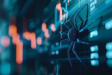 A large spider perches on the top of a computer screen, creating an eerie and unexpected sight, A spider chart indicating various aspects of trading analysis, AI Generated - Powered by Adobe