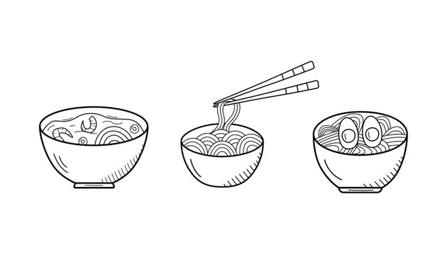 Soup with noodles, eggs, and shrimp in a bowl. Vector illustration of Asian cuisine, doodle icons for restaurant menus.