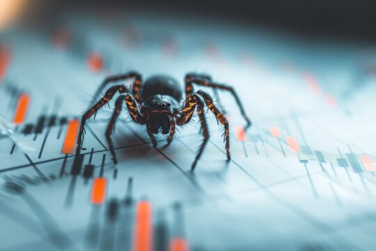 A detailed view of a spider crawling on a computer board, exploring its intricate pathways, A spider chart indicating various aspects of trading analysis, AI Generated - Powered by Adobe