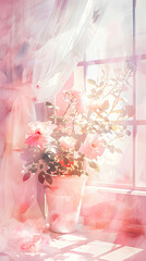 Watercolor style of a flower vase by the window showing soft sunlight in pink tones.