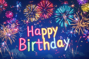 Composed of fluorescent tubes: Happy Birthday text on fireworks blooming background, electronic birthday card, birthday party invitation, 4D rendering of fireworks and Happy Birthday text