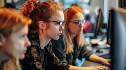 Three women working at a computer desk