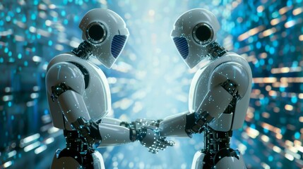 Robots Engaging in Handshake Against a Futuristic Digital Backdrop - obrazy, fototapety, plakaty