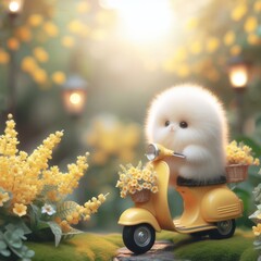 A fluffy creature enjoys a serene ride on a scooter, basking in the golden sunset amidst a sea of yellow blossoms.. AI Generation