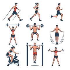 Fototapeta premium Athletes do physical exercises. Nordic walking, a girl and a man are runners, weightlifters are lifting weights, a girl is on an exercise bike, a guy is jumping rope. Vector illustration flat design.