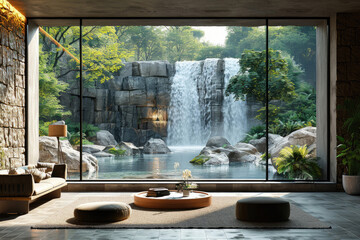 A contemporary window frames a majestic waterfall