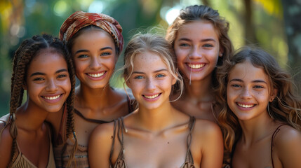 Fototapeta premium Young girls of different nationalities and races stand together and smile, friendship of peoples, smiling girls