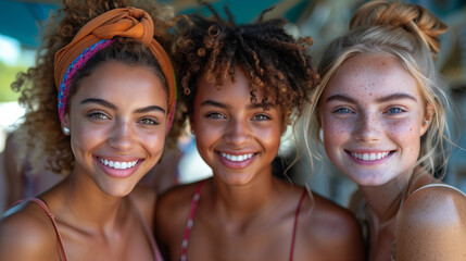 Young girls of different nationalities and races stand together and smile, friendship of peoples, smiling girls - obrazy, fototapety, plakaty