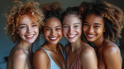 Fototapeta premium Young girls of different nationalities and races stand together and smile, friendship of peoples, smiling girls