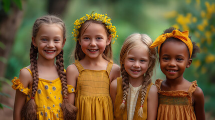 Сhildrenof different nationalities and races stand together and smile, friendship of children, smiling girls - obrazy, fototapety, plakaty
