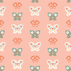 Spring folk seamless pattern with butterflies