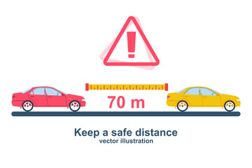 The distance of cars on the road. Keep a safe distance. Safety on freeway. Vector illustration flat design. Isolated on background. Web design template. Landing page. Caution and control of vehicle.