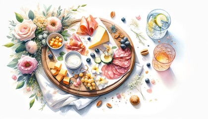 Fototapeta premium Watercolor Painting of Summer Charcuterie Snack Board