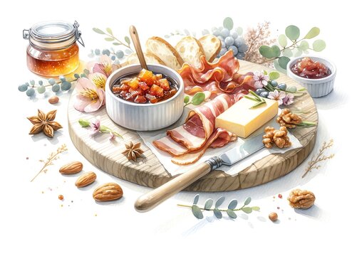 Watercolor Painting of Charcuterie Board with Bacon-Onion Jam