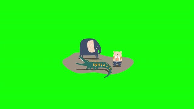 Subscribe like and bell button cute hand drawn animals kids cartoon click animation 4K video with transparency Green Screen and Luma Matte (black and white mask) Spanish