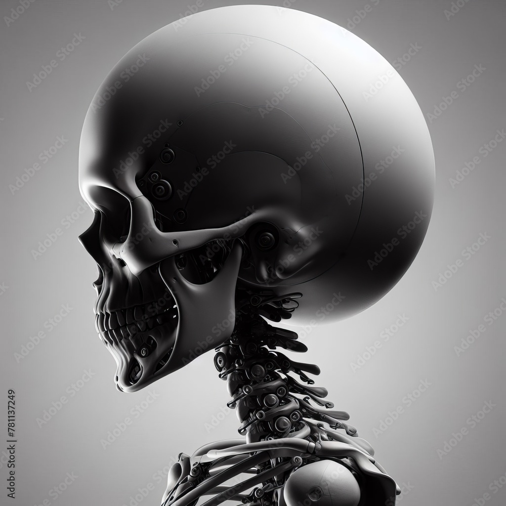 Poster a cybernetic skeleton head turns upwards, embodying a fusion of advanced robotics and human anatomy 