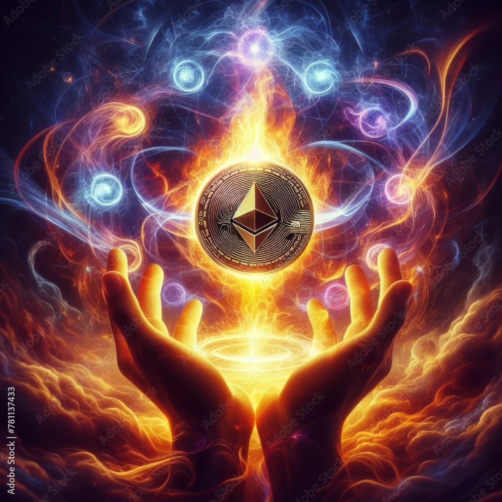 Poster hands conjure an ethereum coin amidst mystical flames and lights, illustrating the creative power of