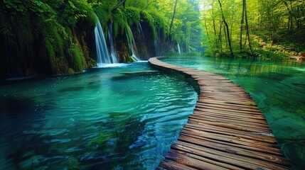 Wooden bridge over river with waterfall in background