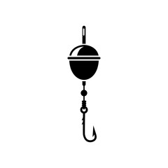 Float and hook black silhouette. Fishing float. Fishing hook. Bobber float icon. Vector illustration flat design. Isolated on white background. Template for web and print.