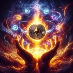 Hands conjure an Ethereum coin amidst mystical flames and lights, illustrating the creative power of cryptocurrency.. AI Generation