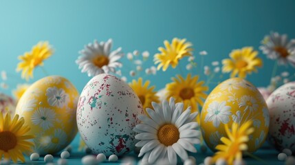 Row of eggs with daisies on blue background