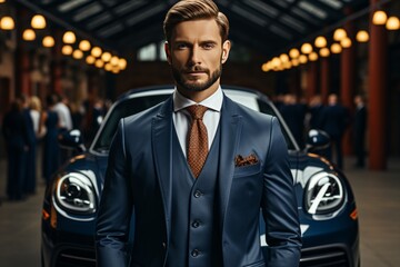 capture a striking image of a race car driver exuding confidence, standing with arms crossed on the racetrack alongside a sleek sports car, with the vibrant hues of sunset painting the background