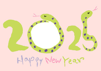 シンプルな年賀状イラスト　2025年　ヘビ年　写真枠　ベクター　落書き　2025 文字