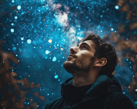 Man gazes at stars in night sky