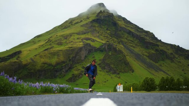 Slow motion skateboard trick in Iceland