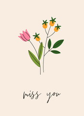 Spring flowers, natural card design. Beautiful floral postcard background in minimal style. Delicate gentle summer blooms, herbs, wildflowers, romantic phrase Miss You. Flat vector illustration