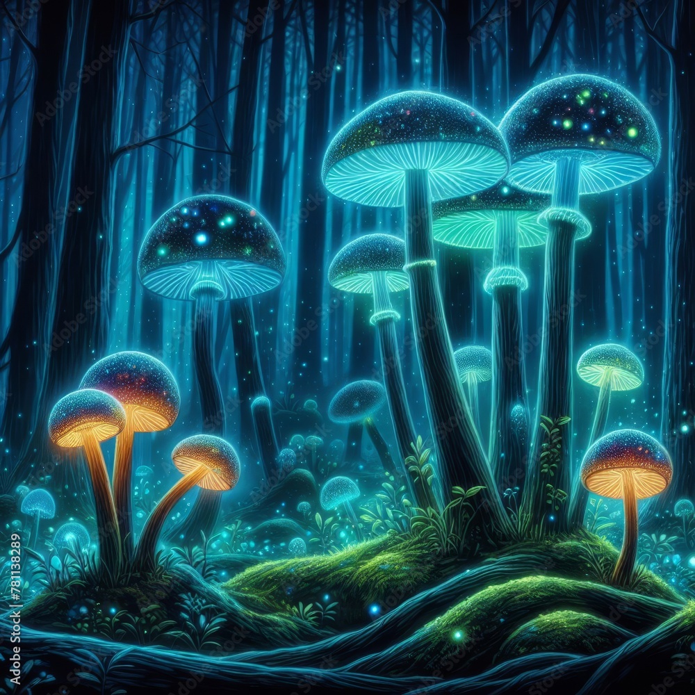Poster a mystical night scene unfolds with various mushrooms casting a gentle, luminescent glow over a sere