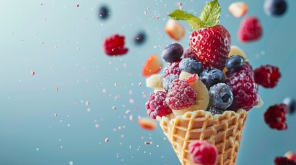 Waffle cone with berries, flying ingredient. Background with copyspace for your text