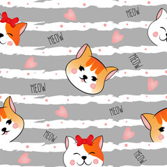 Seamless pattern with many different  red heads of cats on grey striped background. Vector illustration for children.