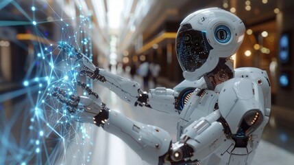High fidelity 3D render of a sophisticated artificial intelligence robot extending its hand towards glowing digital connections.