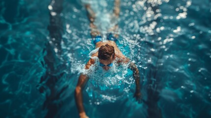 Aerial top view of a male swimmer propelling forward with powerful strokes in clear blue swimming pool waters, showcasing athletic skill and determination. - obrazy, fototapety, plakaty