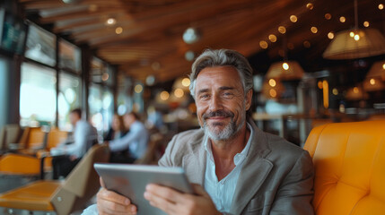 Professional mature businessman in an airport lounge, smiling as he uses his digital tablet, awaiting his flight.