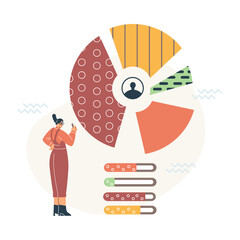 Demographics-themed illustration with a girl holding a pointer at a pie chart on a white background