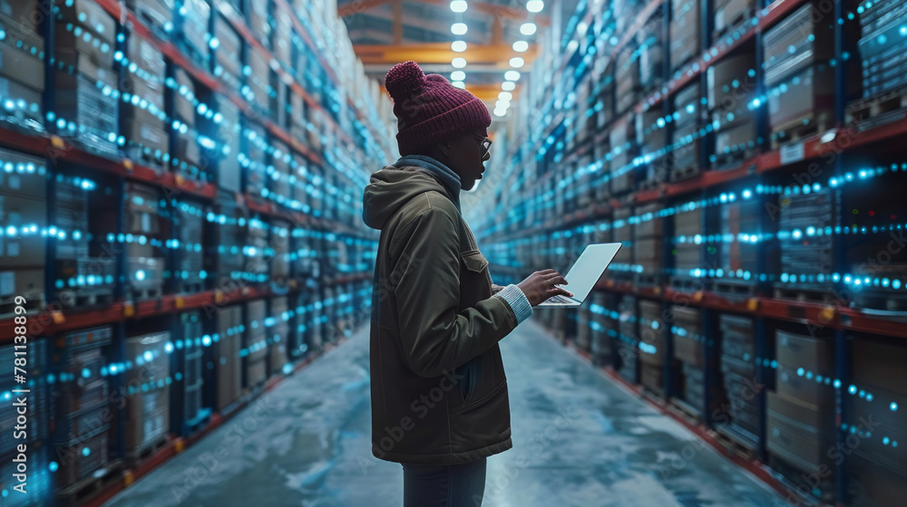Poster professional it engineer examines complex data on a laptop within a modern server room filled with r
