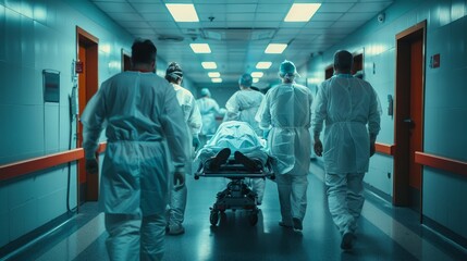Emergency department scene with doctors, nurses, and surgeons swiftly moving a patient on a stretcher through a hospital corridor.
