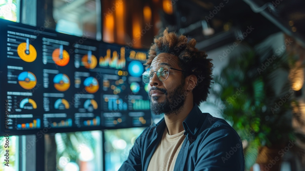 Poster focused professional analyzing statistical data displayed on digital screens in a contemporary offic