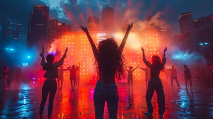 Dancers filming a hip hop music video at night with colorful stage lights and smoke, reflecting an...