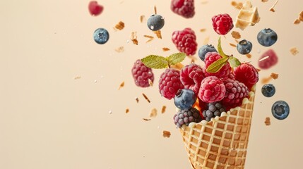 Waffle cone with berries, flying ingredient. Background with copyspace for your text