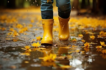 Child in yellow rubber boots walking and jumping over a puddle Have fun outdoors Children activity