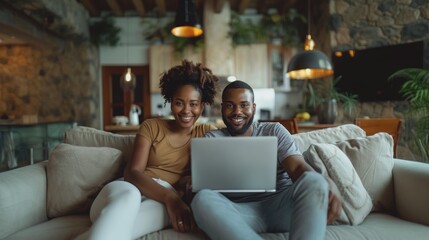 Smiling African-American couple lounging comfortably on their couch while using a laptop in a cozy home environment.