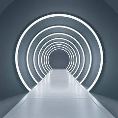 Obraz premium White background 3D room light abstract space technology tunnel stage floor. Empty white future 3D neon background studio futuristic corridor render modern interior silver road black wall design gray