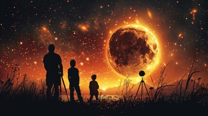 Obraz na płótnie Canvas Family Stargazing Adventure - Father and Children Marveling at a Magnificent Celestial Event at Dusk
