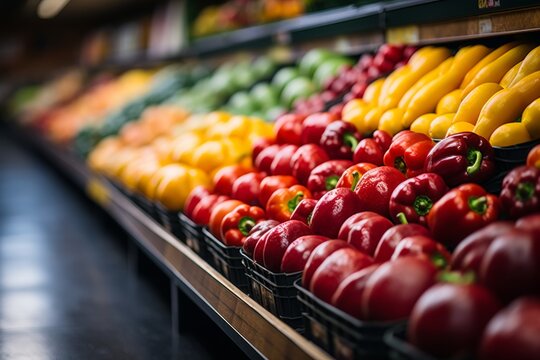 Shoppers perspective, POV, down a brightly lit grocery store aisle, with a shopping cart, fresh produce and packaged goods on display aisles